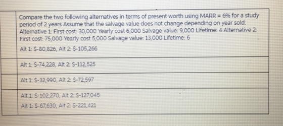 Compare the two following alternatives in terms of present worth using MARRz 6% for a study period of 2 years Assume that the salvage value does not change depending on year sold. Alternative 1: First cost: 30,000 Yearly cost 6,000 Salvage value: 9,000 Lifetime: 4 Alternative 2 First cost: 75,000 Yearly cost 5,000 Salvage value: 13,000 Lifetime: 6 Alt 1: $-80,826, Alt 2: S-105,266 Alt 1: S-74,228, Alt 2: S-112,525 Alt 1 S-32,990, Alt 2: S-72,597 Alt 1: S-102,270, Alt 2: S-127,045 Alt 1: S-67,630, Alt 2: S-221,421