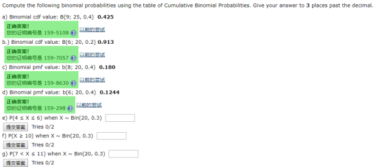 Compute the following binomial probabilities using the table of Cumulative Binomial Probabilities. Give your answer to 3 places past the decimal a) Binomial cdf value: B(9; 25, 0.4) 0.425 正确答案! 您的证明编号是159-5108 (O LAHIR 以煎的尝试 b.) Binomial cdf value: B(6; 20, 0.2) 0.913 正确答案! 您的证明编号是159-7057。)以前的尝试 c) Binomial pmf value: b(8; 20, 0.4) 0.180 正确答案! 您的证明编号是159-8630 ⓞEAELAR d) Binomial pmf value: b(6; 20, 0.4) 0.1244 正确答案! 您的证明编号是159-298 ⑥lzatul 明编号是159-298のLET的尝试 e) P(4 s X S 6) when X Bin(20, 0.3) f) P(X 2 10) when X Bin(20, 0.3) g) P(7<X S 11) when X Bin(20, 0.3) 提交答案 Tries 0/2 提交答案 Tries 0/2 提交答案! Tries 0/2