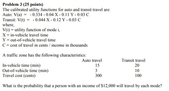 Problem 3 (25 points) The calibrated utility functions for auto and transit travel are: Auto: V(a) = -0.334 -0.04 X-0.11 Y -