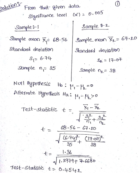 From hat given data. Sianiftconce lexelol) o.005 Sample -2 Sample man 68.56 Sample meon -6+.20 Standayd deviatien Stondard deyiatieo S 6.44 Sample n,- &5 Comple n38 Altefrate. Test-statist℃ t -t 68.56- 67.20 35 38 t= 1.31 Test-Statistic tzo.45tL
