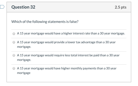 Question 32 2.5pts Which of the following statements is false? A 15 year mortgage would have a higher interest rate than a 30
