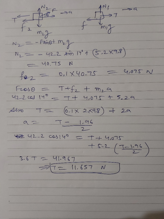 a Ny = - Femet meg N₂ = – 42.2 sim 140 + (5.2X98) - 40,75 N fan = 0,1X40-75 = 9,075 N Froso = tf2 + m₂ a 42-2 cos 14° = Tt 4.