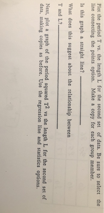 Plot the period T vs. the length L for the second set of data. Be sure to select the line connecting the points option. Make