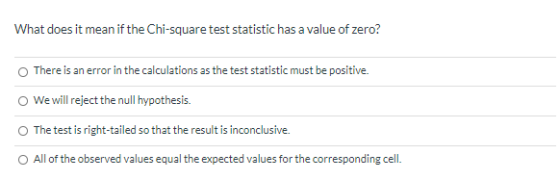 What does it mean if the Chi-square test statistic has a value of zero? There is an error in the calculations as the test sta