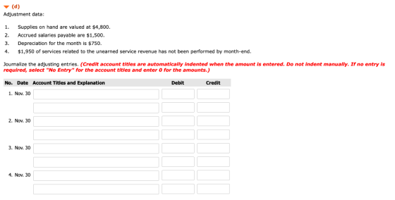 (d) Adjustment data: 1. 2. 3. 4. Supplies on hand are valued at $4,800. Accrued salaries payable are $1,500. Depreciation for