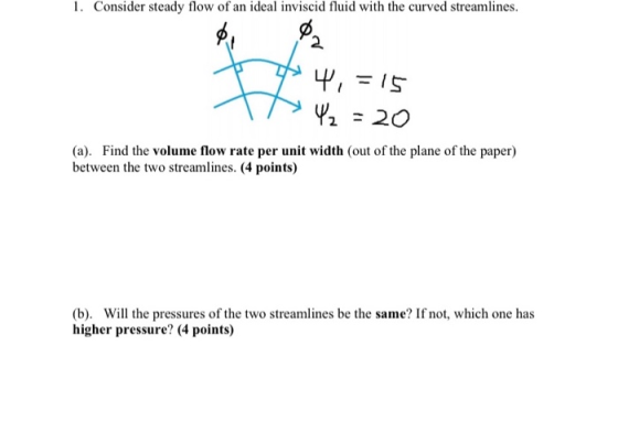 1. Consider steady flow of an ideal inviscid fluid with the curved streamlines. 4, = 15 42 = 20 (a). Find the volume flow rat