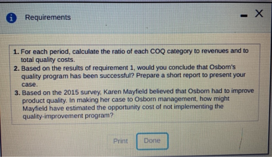 Requirements 1. For each period, calculate the ratio of each COQ category to revenues and to total quality costs. 2. Based on