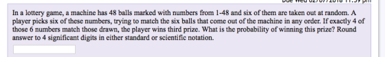 In a lottery game, a machine has 48 balls marked with numbers from 1-48 and six of them are taken out at random. A player picks six of these numbers, trying to match the six balls that come out of the machine in any order. If exactly 4 of those 6 numbers match those drawn, the player wins third prize. What is the probability of winning this prize? Round answer to 4 significant digits in either standard or scientific notation.
