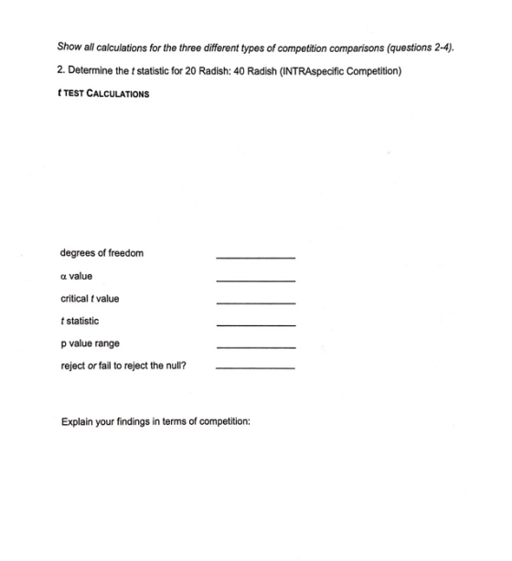 Show all calculations for the three different types of competition comparisons (questions 2-4). 2. Determine the t statistic