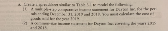 a. Create a spreadsheet similar to Table 3.1 to model the following: (1) A multiple-step comparative income statement for Day