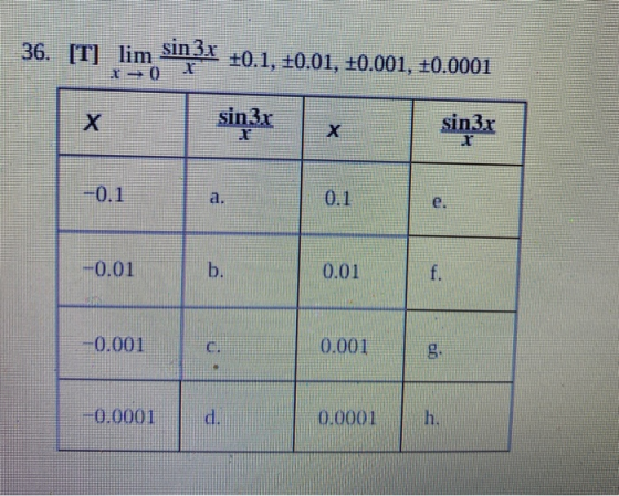 36. [T] lim sin 3.r 70 +0.1, +0.01, +0.001, +0.0001 X X sin3r sin3.r X -0.1 0.1 e. -0.01 b. 0.01 f. -0.001 C. 0.001 -0.0001 0