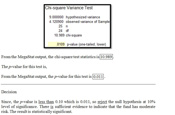 Chi-square Variance Test 9.000000 hypothesized variance 4.120900 observed variance of Sample 25 n 24 df 10.989 chi-square 010