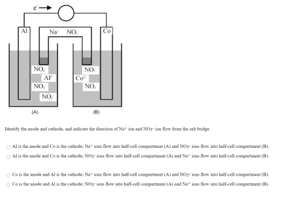 ΑΙ Na NO Co NO NO; AF NO; NO, Co2 NO; (A) (B) Identify the anode and cathode, and indicate the direction of Na+ ion and NO3-