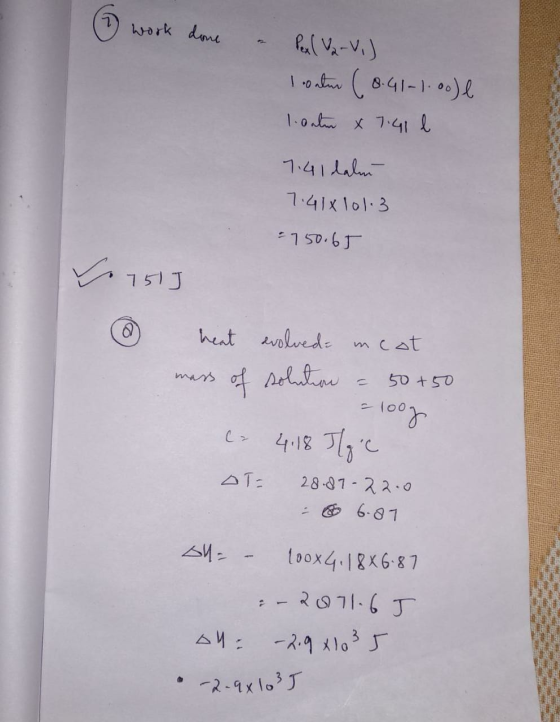 work done & Peal 12-vi) lortu (8.41-1.00l 1. Oaten X 7.41 l 7.4 I dalam 7.41810113 150.65 B.151] 1 heat evolveda imeot mass o