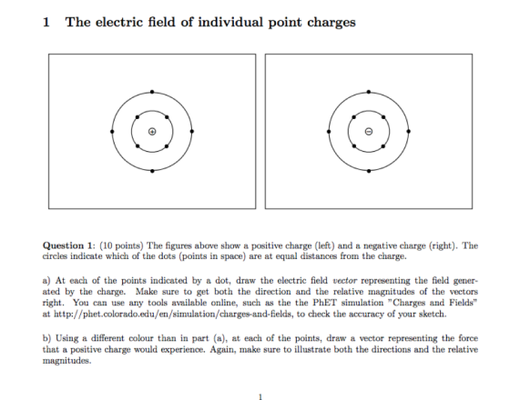 1 The electric field of individual point charges Question 1: (10 points) The figures above show a positive charge (left) and a negative charge (right). The circles indicate which of the dots (points in space) are at equal distances from the charge. a) At each of the points indicated by a dot, draw the electric field vector representing the field gener ated by the charge. Make sure to get both the direction and the relative magnitudes of the vectors right. You can use any tools available online, such as the the PhET simulation Charges and Fields at http://phet.colorado.edu/en/simulation/charges-and-fields, to check the accuracy of your sketch. b) Using a different colour than in part (a), at each of the points, draw a vector representing the force that a positive charge would experience. Again, make sure to illustrate both the directions and the relative magnitudes