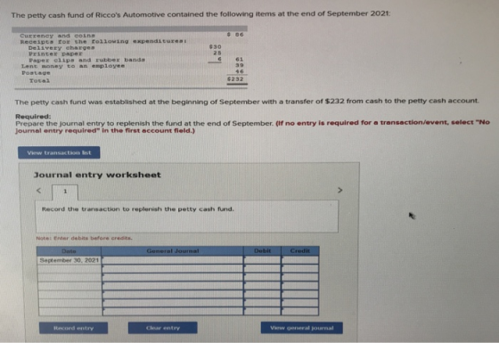 The petty cash fund of Riccos Automotive contained the following items at the end of September 2021: Currency and coins Rece