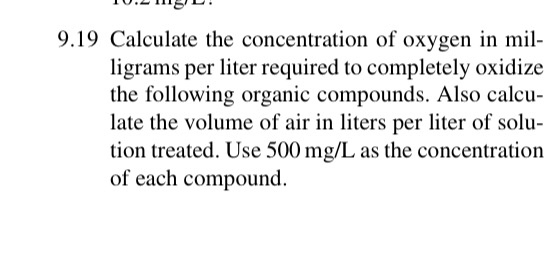 10. 111 BIL. 9.19 Calculate the concentration of oxygen in mil- ligrams per liter required to completely oxidize the followin