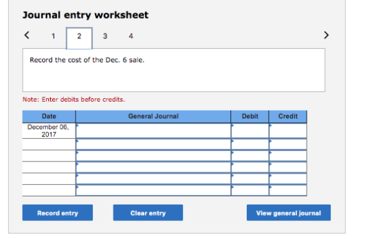 Journal entry worksheet < 1 2 3 4 Record the cost of the Dec. 6 sale. Note: Enter debits before credits. General Journal Debi