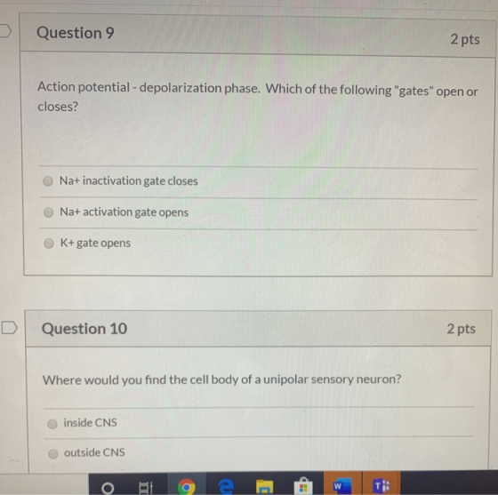 Question 9 2 pts Action potential - depolarization phase. Which of the following gates open or closes? Na+ inactivation gat