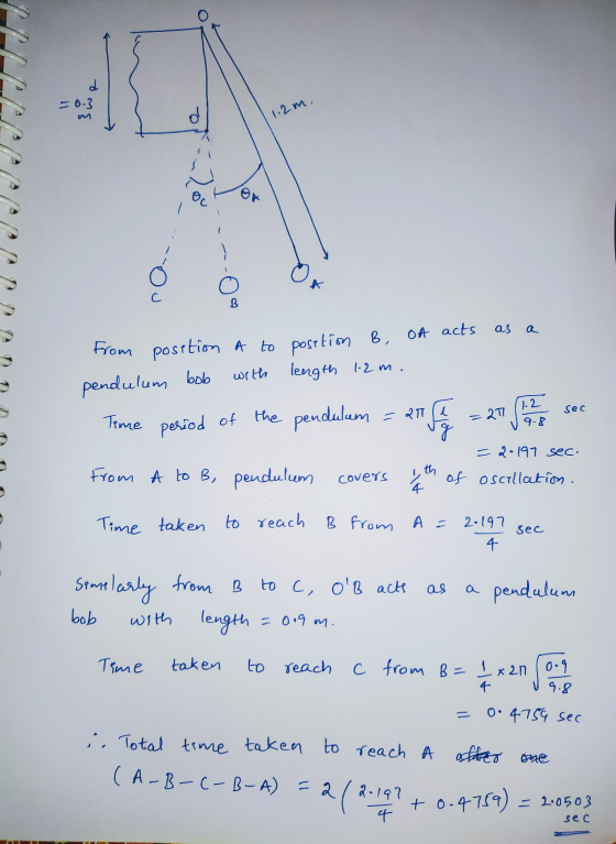 = 0.3 1.2m. C B From position a to posetion , of acts as a pendulum with length 1.2m. bob 1.2 Sec = 277 Time period of the pe