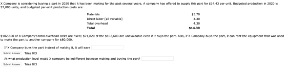 X Company is considering buying a part in 2020 that it has been making for the past several years. A company has offered to s