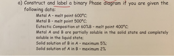 a) Construct and label a binary Phase diagram if you are given the following data: Metal A - melt point 600°C; Metal B - melt