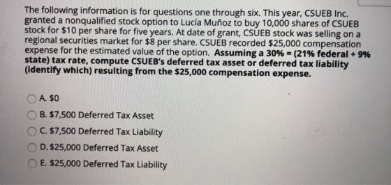 The following information is for questions one through six. This year, CSUEB Inc. granted a nonqualified stock option to Lucí