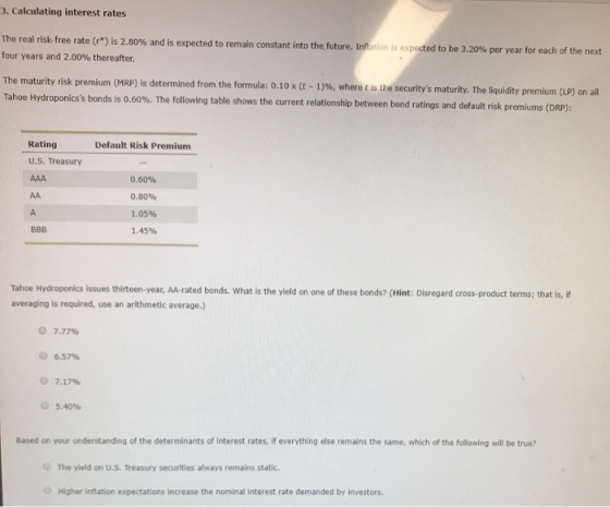 . Calculating interest rates The real risk-free rate (r) is 2.80% and is expected to remain constant into the future. Inflati