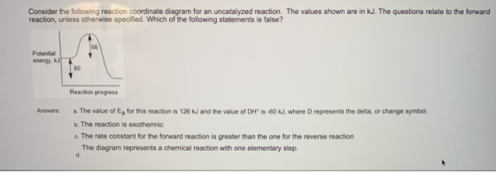 Consider the following reaction coordinate diagram for an uncatalyzed reaction. The values shown are in kJ. The questions rel