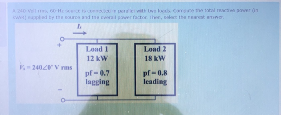 A 240-Volt rms, 60-Hz source is connected in parallel with two loads. Compute the total reactive power in KVAR) supplied by t