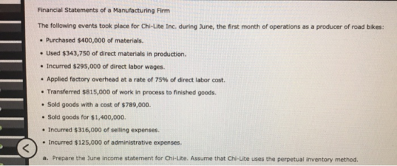 Financial Statements of a Manufacturing Firm The following events took place for Chi-Lite Inc. during June, the first month o