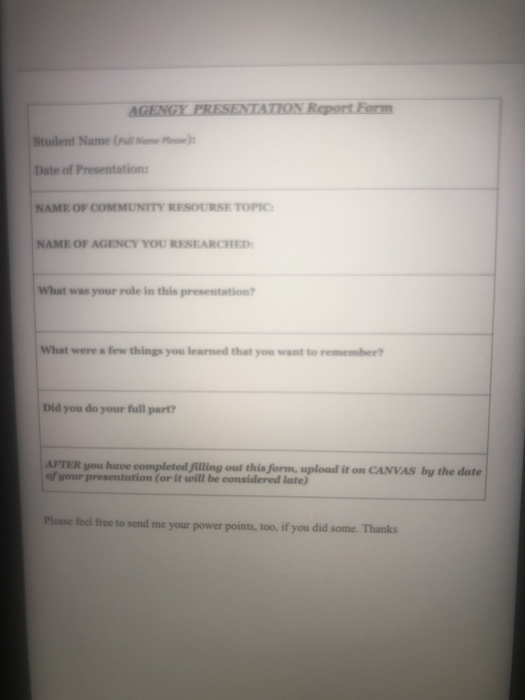 AGENGY PRESENTATION Report Form Student Name ( r e ); Date of Presentations NAME OF COMMUNITY RESOURSE TOPIC NAME OF AGENCY Y