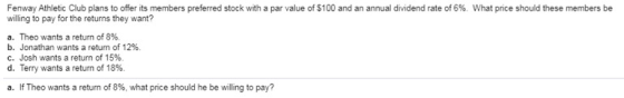 Fenway Athletic Club plans to offer its members preferred stock with a par value of $100 and an annual dividend rate of 6%. W