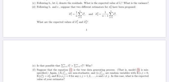 (c) Following b., let ēdenote the residuals. What is the expected value of ē? What is the variance? (d) Following b. and c.,