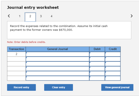 Journal entry worksheet < 1 2 4 Record the expenses related to the combination. Assume its initial cash payment to the former