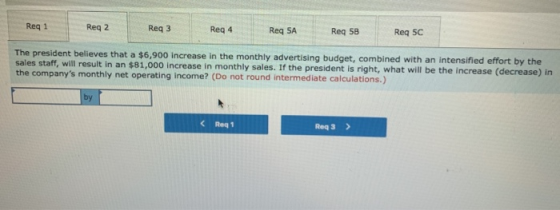 Req 1 Reg 2 Reg 3 Reg 4 Req 5A Reg 58 Req 5C The president believes that a $6,900 Increase in the monthly advertising budget,