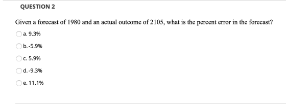 QUESTION 2 Given a forecast of 1980 and an actual outcome of 2105, what is the percent error in the forecast? O a. 9.3% O b.-