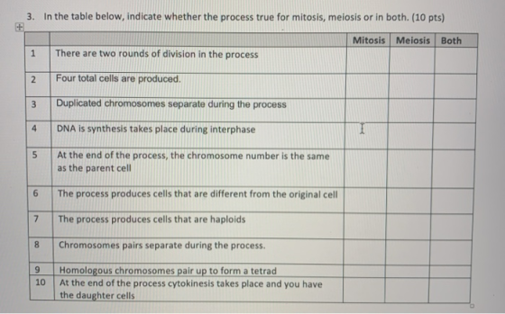 3. In the table below, indicate whether the process true for mitosis, meiosis or in both. (10 pts) + Mitosis Meiosis Both 1 T