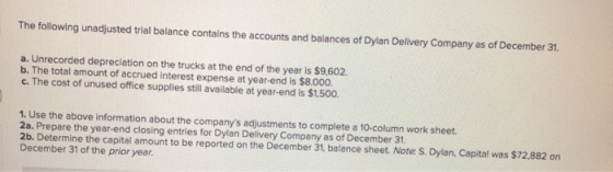The following unadjusted trial balance contains the accounts and balances of Dylan Delivery Company as of December 31. a. Unr