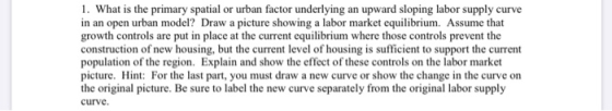 1. What is the primary spatial or urban factor underlying an upward sloping labor supply curve in an open urban model? Draw a