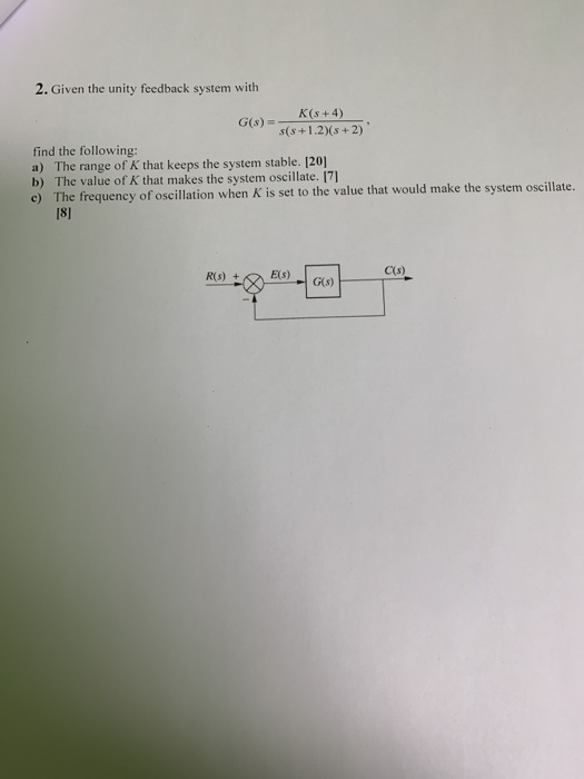 2. Given the unity feedback system with K(s +4) G(s) find the following: a) The range of K that keeps the system stable. 120]