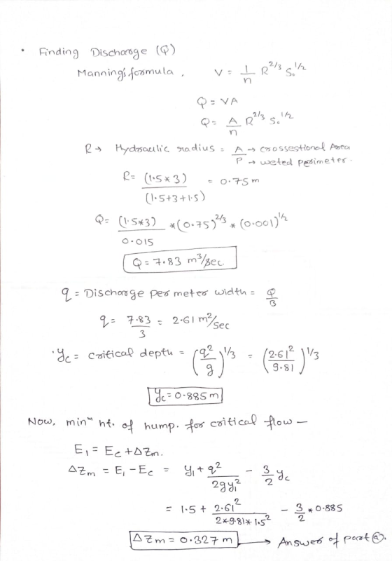 Finding Discharge @) Mannings formula, 213 VOIR Q = VA Q = AR? So n R+ Hydraulic radius = A → Bossestional Area Pweted perime
