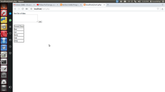 localhost/sort.php - Opera M inbox (588)-rit.cses × Fidaa Full Songs Juk × ewrite A Web Progra × 囧localhost/sort.php + 〉 C 8: