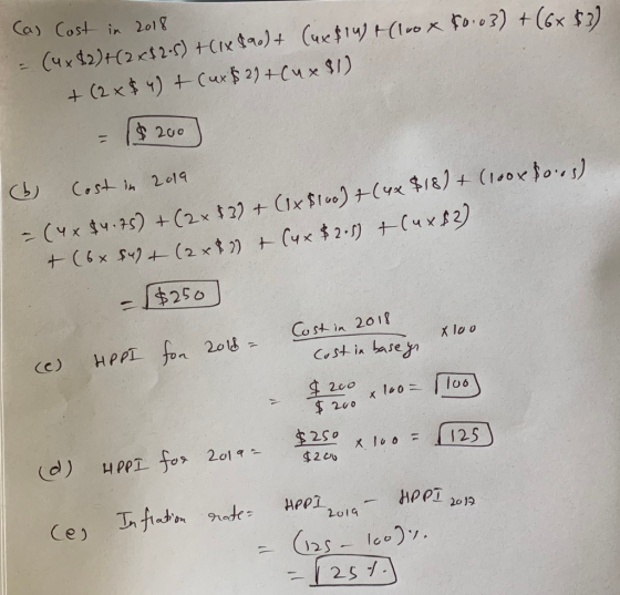 Ca) Cost in 2018 (ux222+Cix tr.)+ (uxt1y(lofo3) +(6x $) + (2x$1) Cux$ 2)+Cx $1) 200 1 Cost in 2019 - (4x $v.75) +(2x 27 + CIx