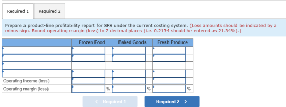 Required 1 Required 2 Prepare a product-line profitability report for SFS under the current costing system. (Loss amounts sho