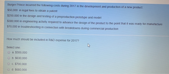 Burger Prince incurred the following costs during 2017 in the development and production of a new product: $50,000 in legal f