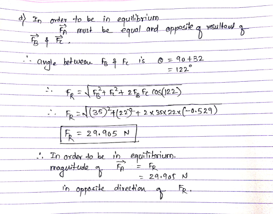 dy In order to be in equilibrium s F A_must be equal and opposite q yesultant q angle between fo & Fc is o = 90+32 =1220 ...