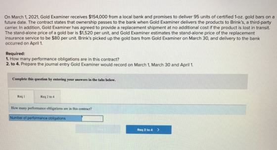 On March 1, 2021, Gold Examiner receives $154,000 from a local bank and promises to deliver 95 units of certified 1-oz. gold