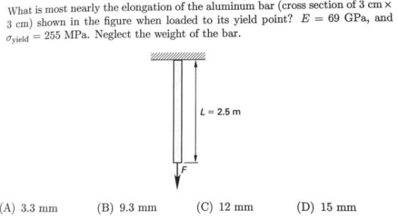 What is most nearly the elongation of the aluminum bar (cross section of 3 cm x 3 cm) shown in the figure when loaded to its