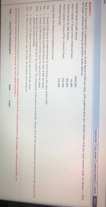 ent CALCULATOR FULL SCREEN PRINTER VERSION BACK NEXT Question 1 Blue Spruce Corporation is authorized to issue 24,500 shares